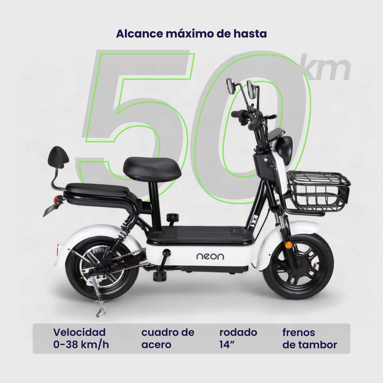 Bicicleta Eléctrica 350w 38km/h Acero 150 Kg Canastilla 50km