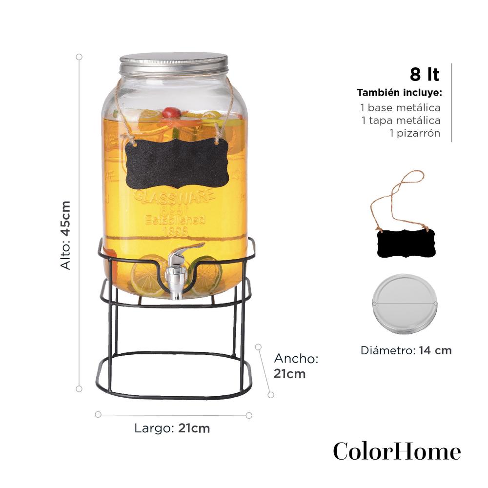 Dispensador Bebidas 8 Litros Mason Jar Vitrolero Base Meta