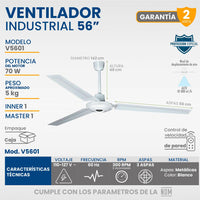 Thumbnail for Ventilador De Techo 3 Aspas Con Control 5 Velocidades 142 Cm