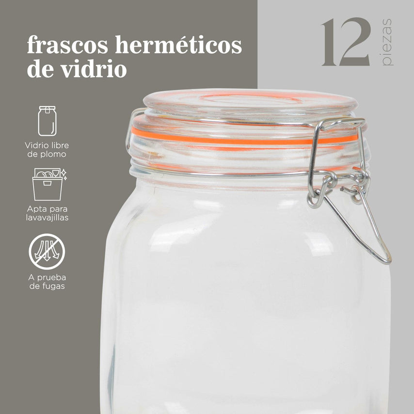 Frasco Hermético Vidrio Contenedor Almacena Tapa Clip 1 litro X 12 PiezasCOMBO-CH-42