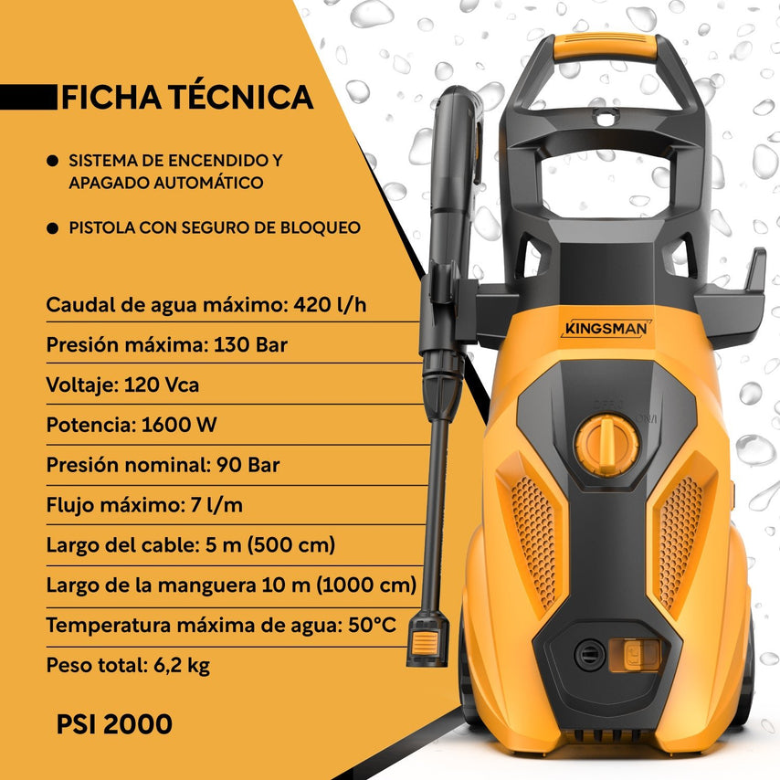 Hidrolavadora 1600 W Eléctrica Portatil 2000 Psi KingsmanHIDROKING2000RM