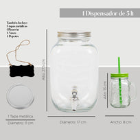 Juego De Dispensador 5 Litros Bebidas Mason Jar Con 4 VasosCOLORJAR5V