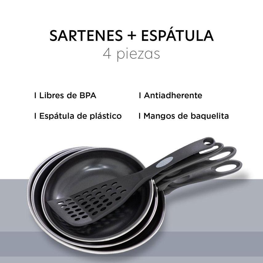 Juego De Sartenes Antiadherente 4 Pzas 20/23/26cm + EspátulaCOLORSTEEL5R