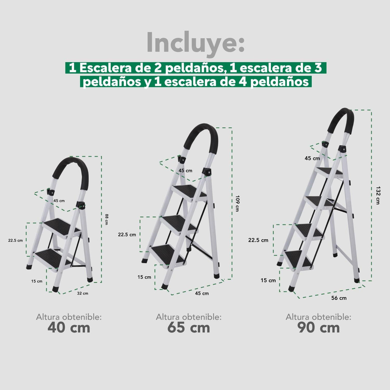 Kit 3 Escaleras Plegables De Acero 2 3 y 4 Peldaños Taburete