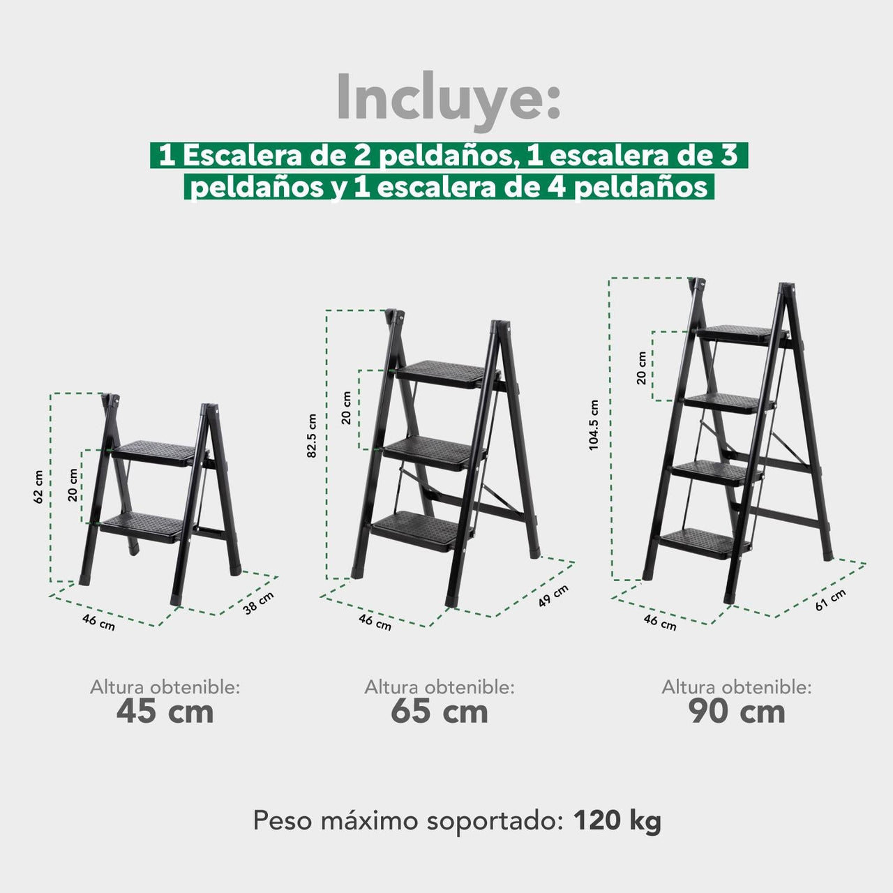 Kit 3 Escaleras Plegables De Acero 2 3 y 4 Peldaños Taburete