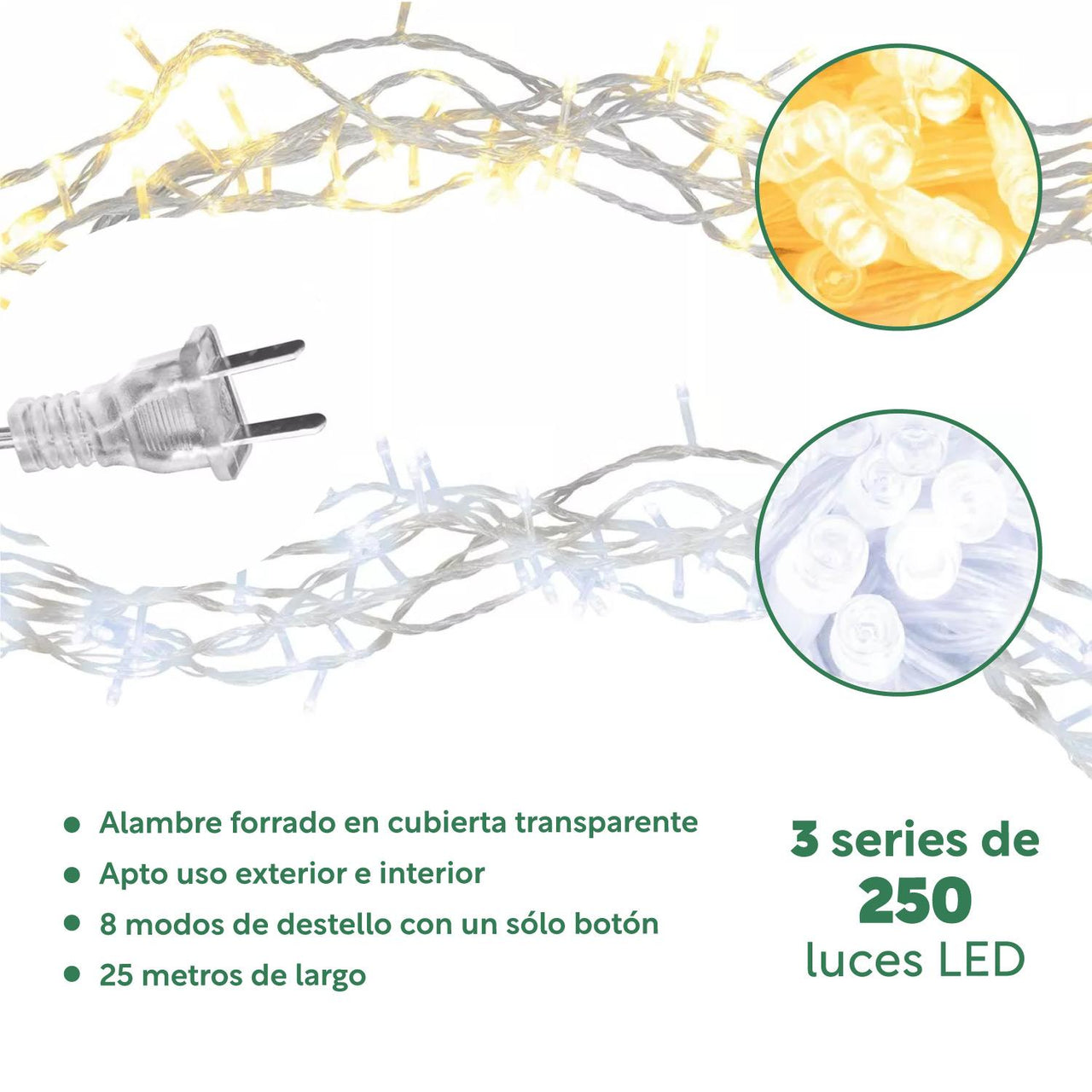 Kit Luces De Navidad 3 Pzs De 25 Mtrs Luz Blanca y Cálida