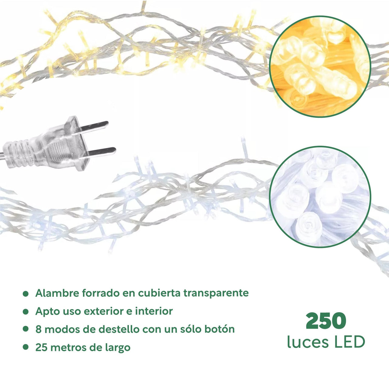 Luces Árbol De Navidad 25 Mtrs 250 Leds Luz Blanco Y Calido