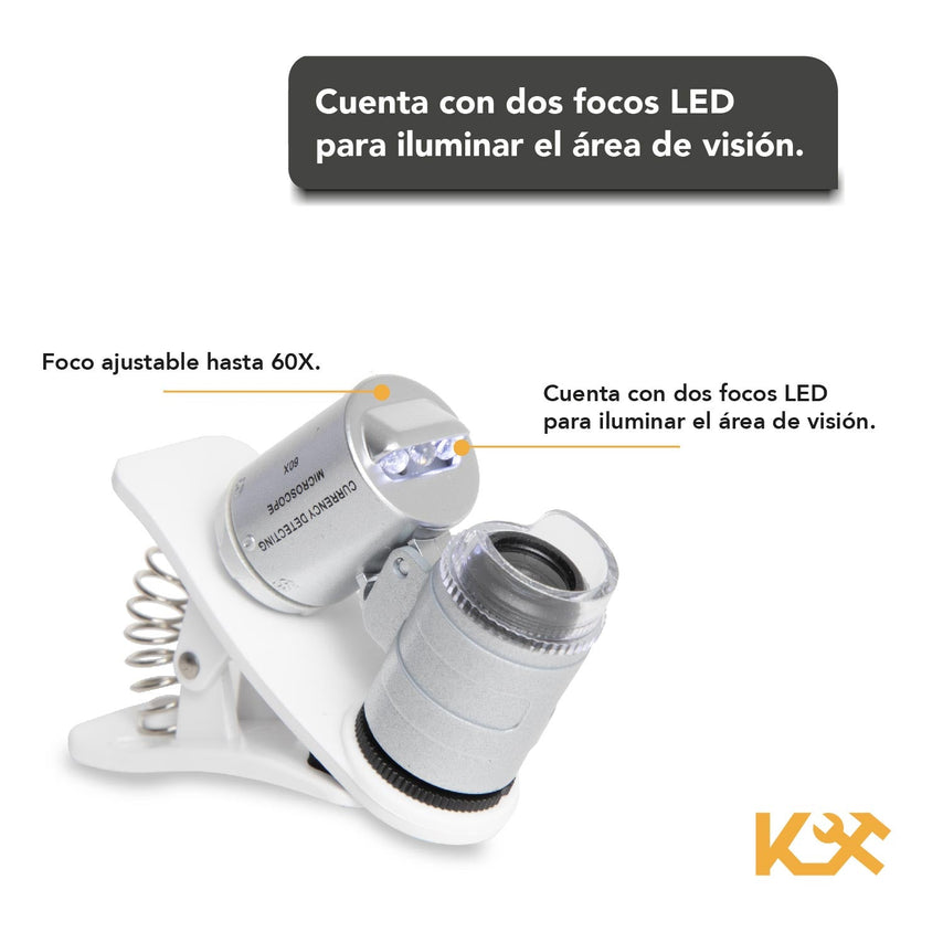 Microscopio Universal Mini de 60x Para Celular Con Clip Luz LED y UV Kingsman300224