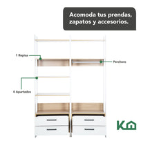 Mueble Armario Closet Multiuso Sin Puertas con 4 Cajones 2.05 m de MDP Color Blanco con Madera 1560301300468