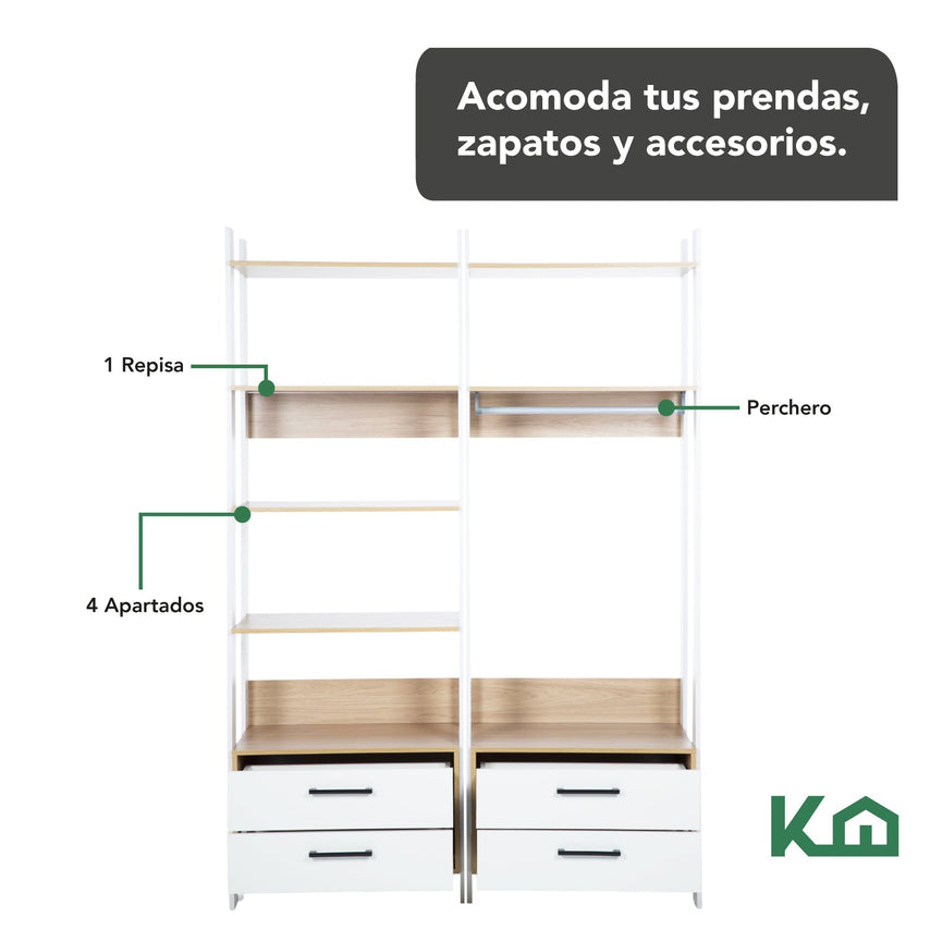 Mueble Armario Closet Multiuso Sin Puertas con 4 Cajones 2.05 m de MDP Color Blanco con Madera 1560301300468