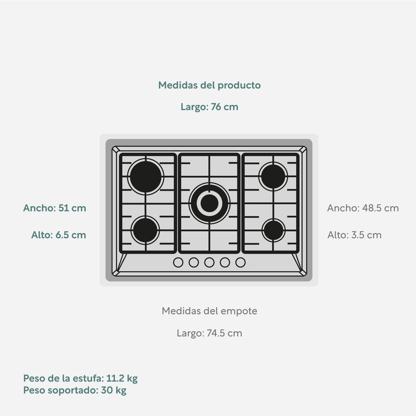 Parrilla Estufa A Gas Premium Empotrable 5 Quemadores AceroP6EIVOLT