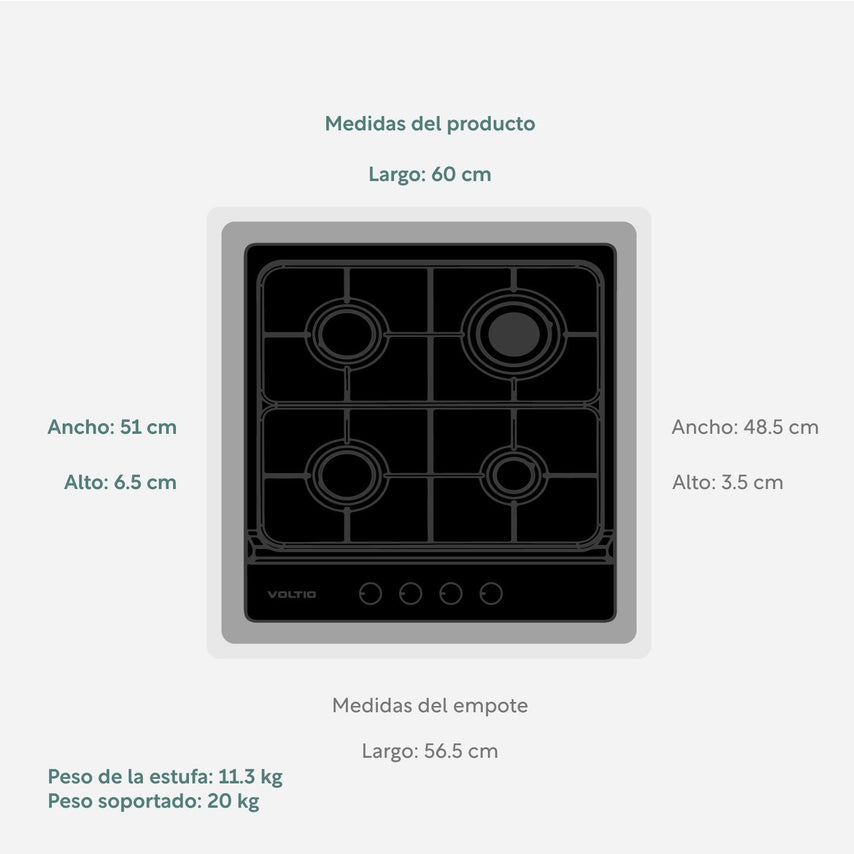 Parrilla Estufa Gas Empotrable 4 Quemadores Vidrio TempladoP4EVVOLT