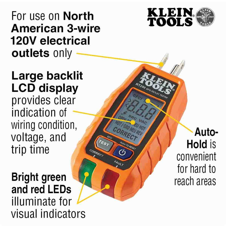 Probador De Tomacorrientes Gfci Alto Voltaje 120v KleintoolsRT250-KLE