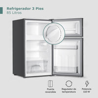 Thumbnail for Refrigerador 3 Pies/85 Litros LED Con Freezer 2 Puertas 115V