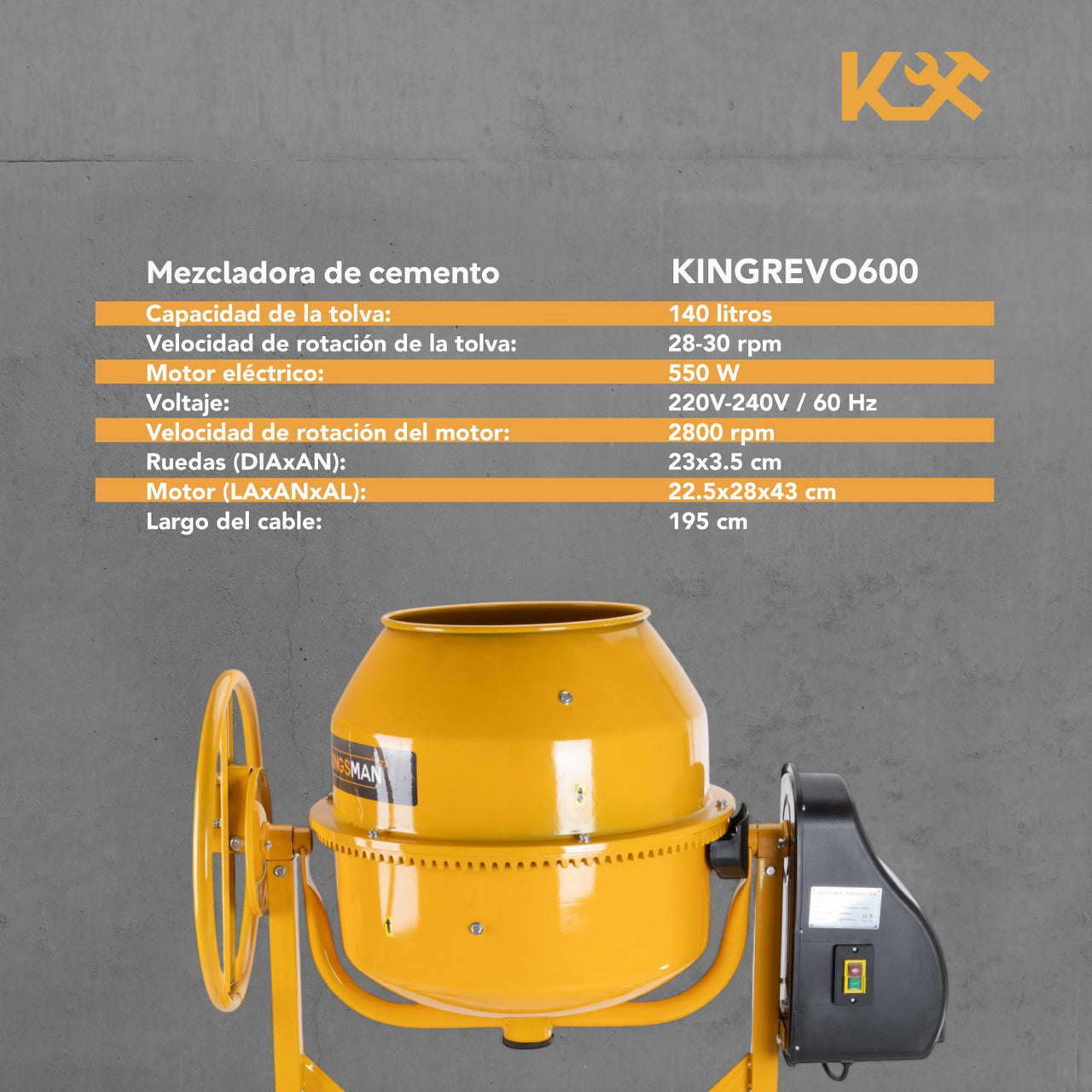 Revolvedora Eléctrica De Concreto Cemento 140L 1HP 1/2 Saco