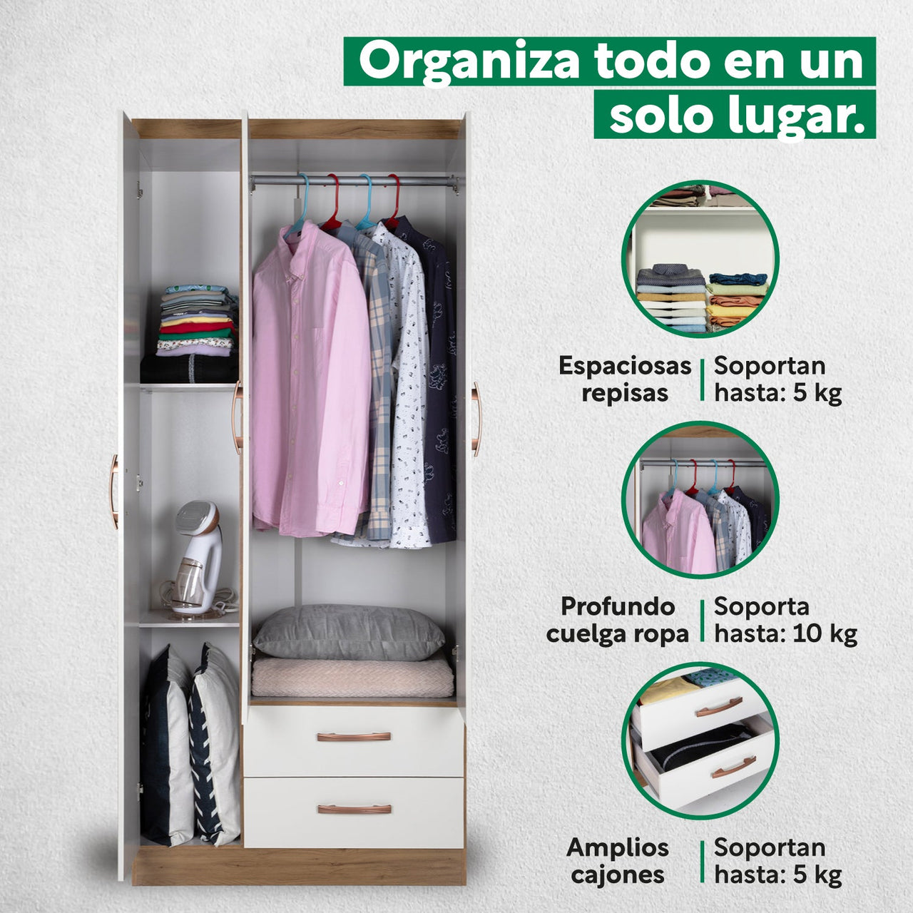 Ropero Closet Moderno 3 Puertas Blanco y Cafe Recamara Hogar