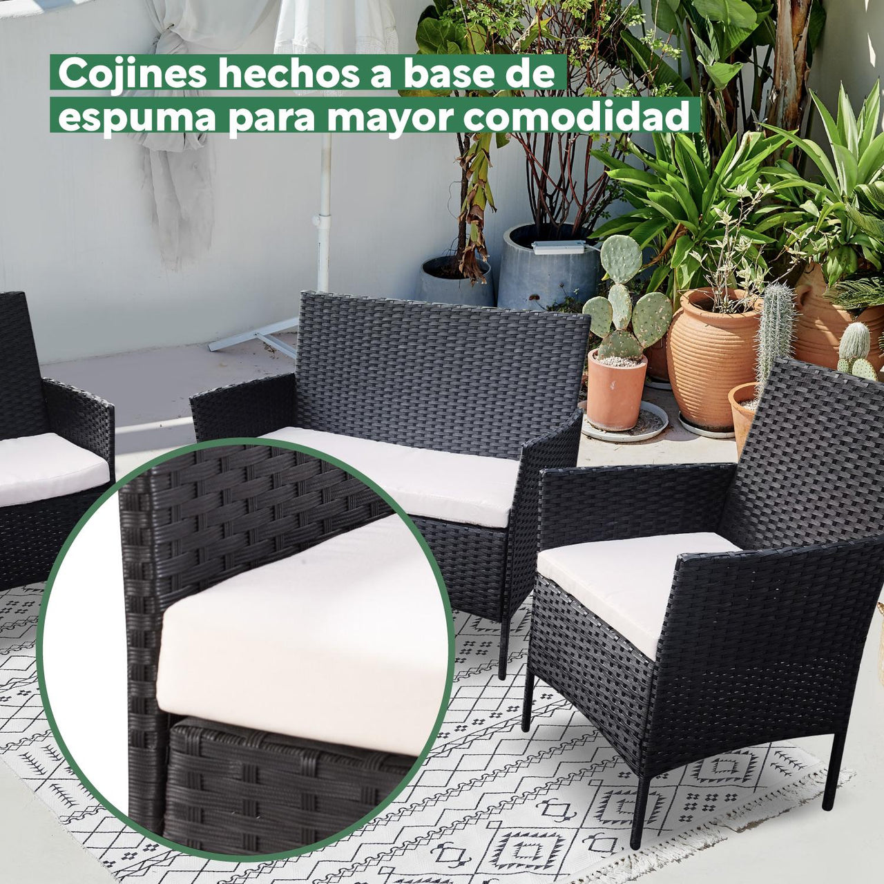 Sala para Exteriores Jardin de Mimbre Negro Cojines