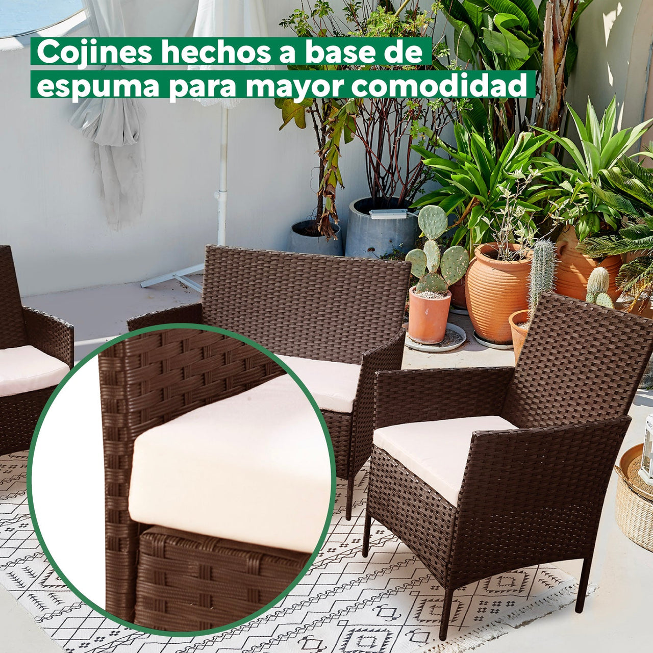 Sala Rattan Para Exterior Jardin Mimbre Marron Cojines Beige