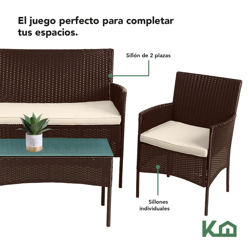 Sala Rattan Para Exterior Jardin Mimbre Marron Cojines BeigeKH4PLSRB