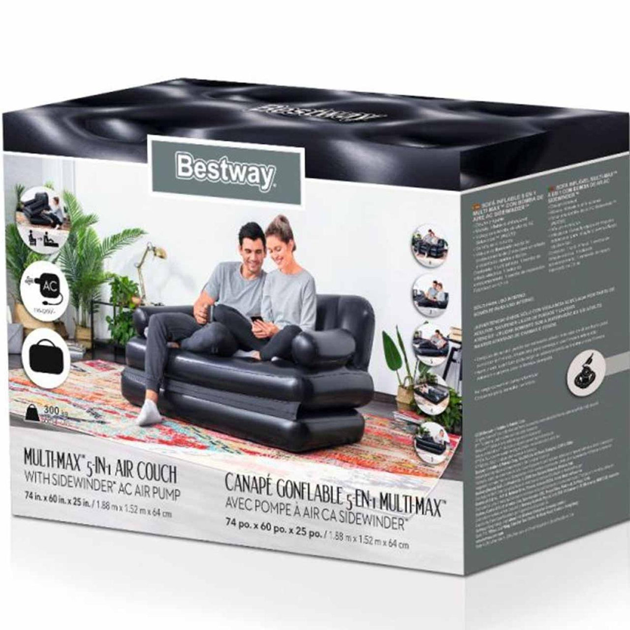 Sillón Cama Inflable Posiciones 5 en 1 Color Negro 188 x 152 x 64 cm 75055 Bestway