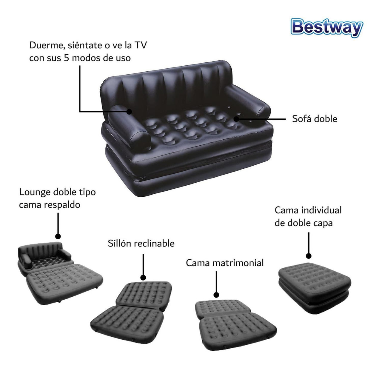 Sillón Cama Inflable Posiciones 5 en 1 Color Negro 188x152x64 cm 75054 Bestway