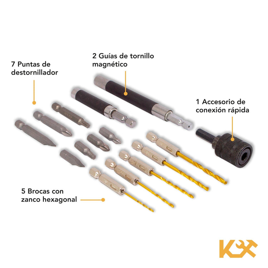 Taladro Accesorios Cambio Rápido Acero Alta Velocidad Juego de 15 Piezas 300214 Kingsman300214