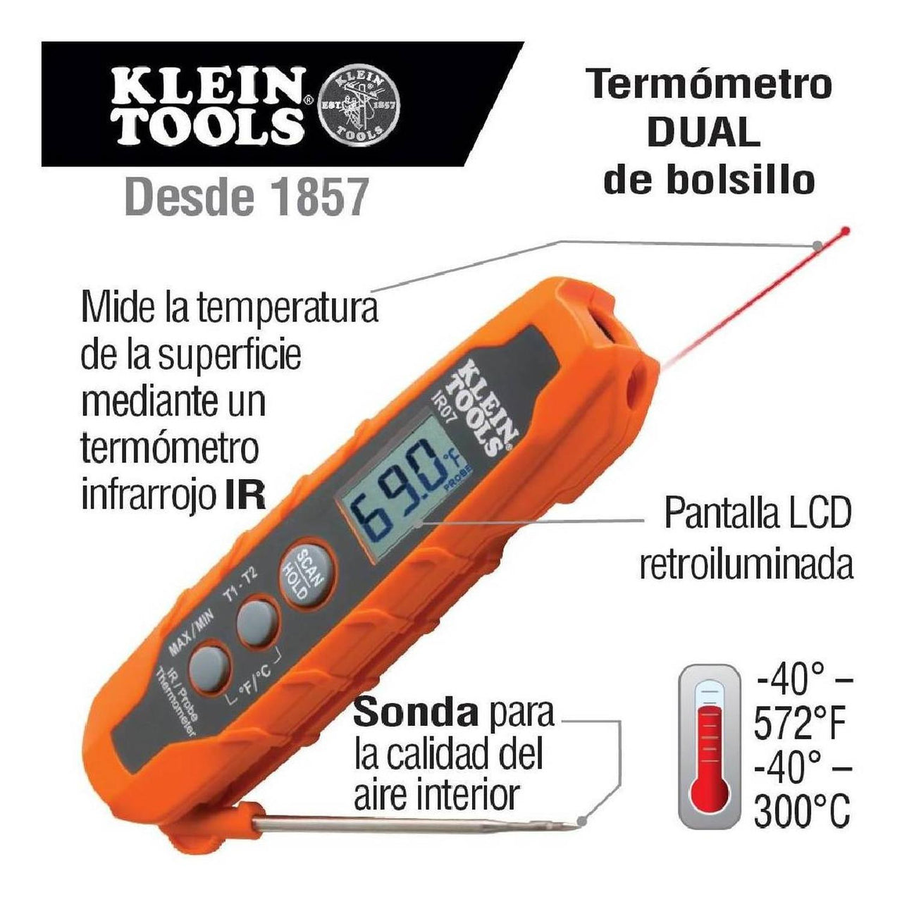 Termometro De Bolsillo Infrarojo Con Sonda Ir07 Klein Tools