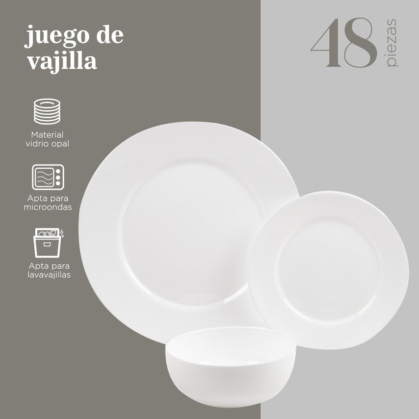 Vajilla Opal 48 Piezas Moderna Blanca Redonda 16 PersonasCOMBO - CH - 68