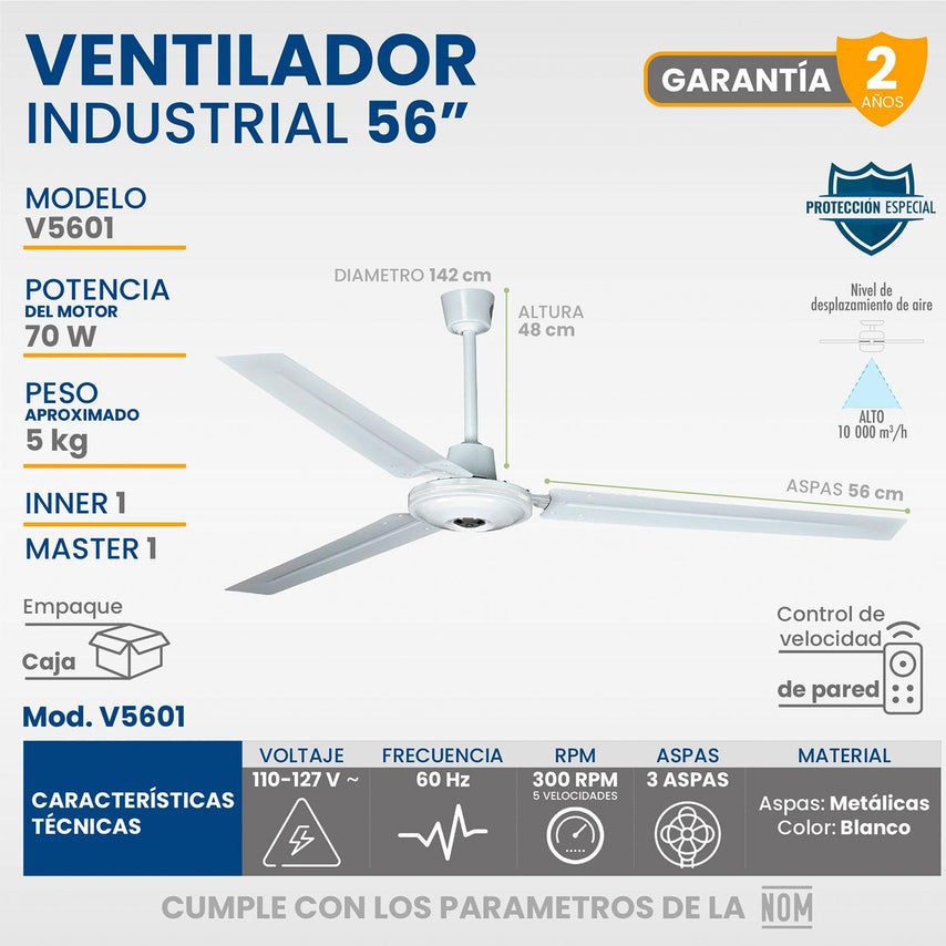 Ventilador De Techo 3 Aspas Con Control 5 Velocidades 142 CmV56 - 70W - IGO