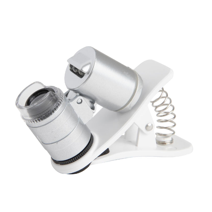 Microscopio Universal Mini de 60x Para Celular Con Clip Luz LED y UV Kingsman